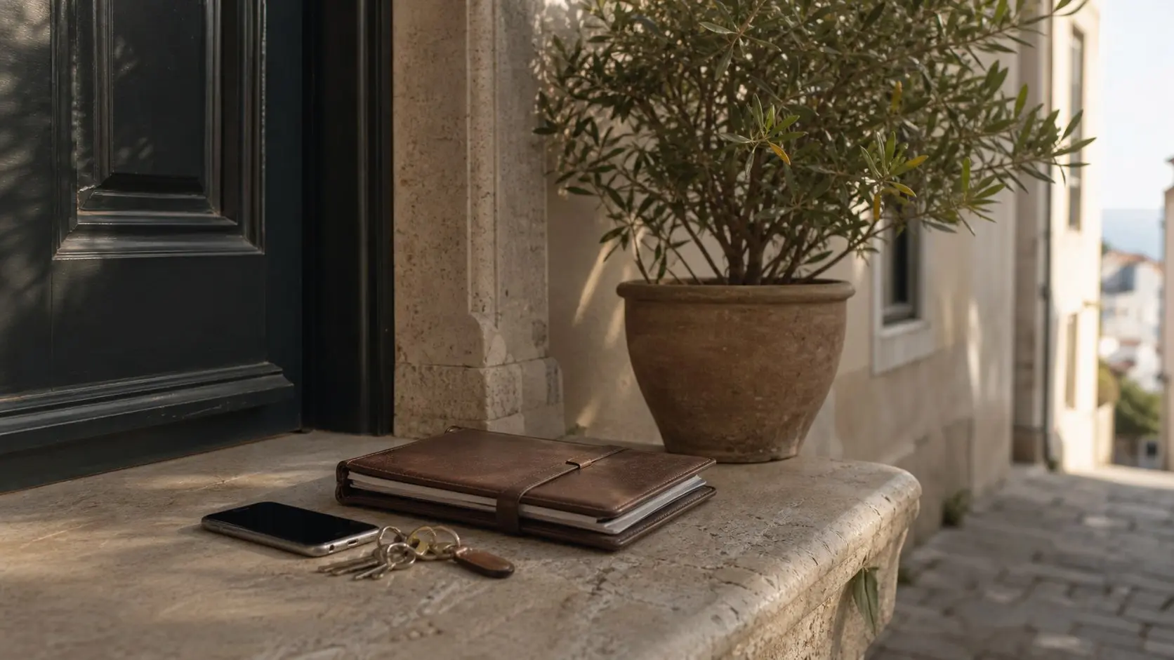 Prepared notebook, phone, and keys by a quiet Portuguese entrance suggesting reliable local support